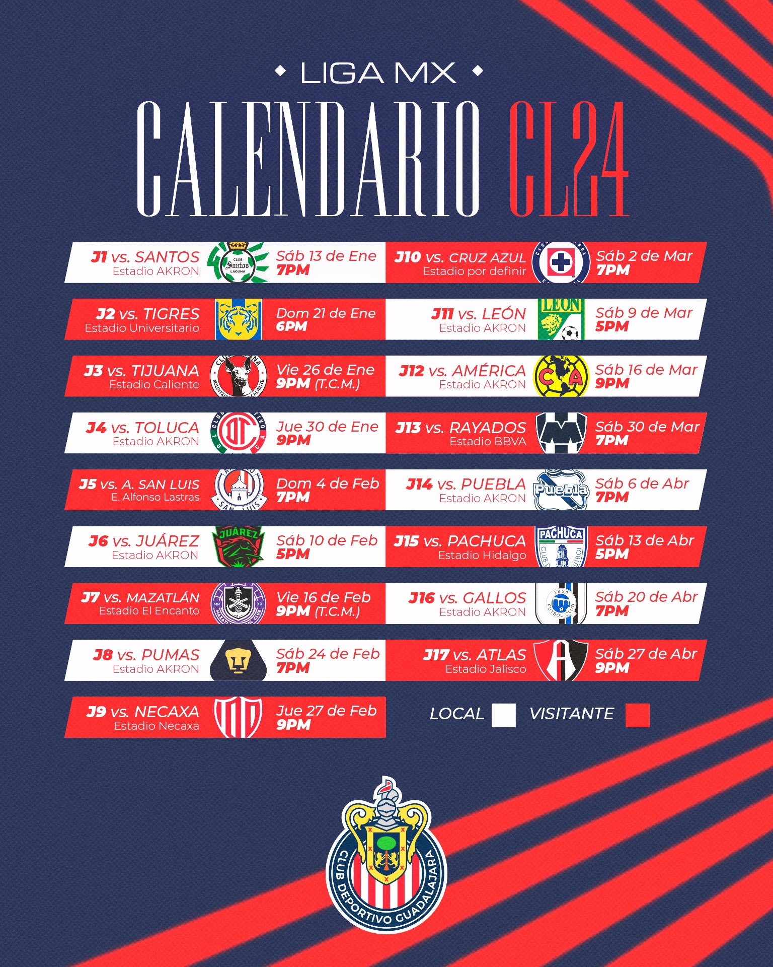 Calendario Chivas Clausura 2024 Fútbol En Vivo México Guía TV Liga MX